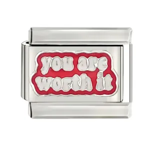 Detail view of 10x9mm stainless steel Italian charm link with 'you are worth it' text