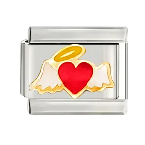 Close-up of stainless steel Italian modular charm with red angel heart enamel design