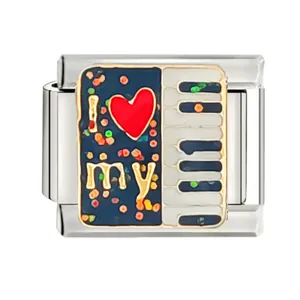 Macro detail of a stainless steel Italian charm link with 'I love my piano' heart design