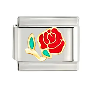 Close-up of stainless steel Italian charm module with red enamel rose and gold outlines