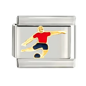 Close-up of soccer player enamel charm on a stainless steel Italian modular link.