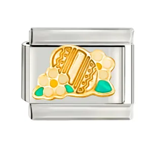 Close-up of a 10x9mm stainless steel Italian charm link with Easter egg and flower design