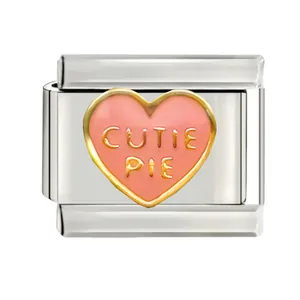 High quality stainless steel Italian charm link featuring a pink heart and Cutie Pie text