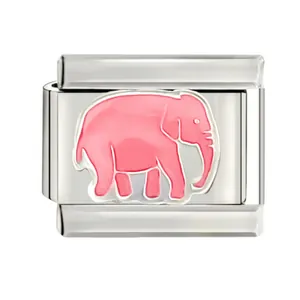 Detailed view of 10x9mm stainless steel modular charm featuring a pink enamel elephant design