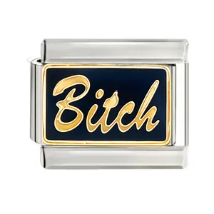 Custom stainless steel Italian modular charm with gold cursive Bitch on blue enamel background