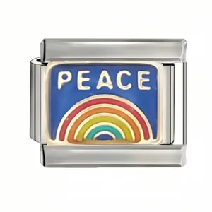 Italian modular charm with Peace text and rainbow design in blue enamel