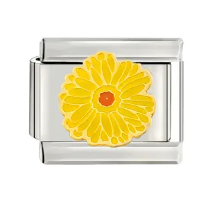 Close-up of vibrant yellow flower enamel charm link for DIY Italian modular bracelets.