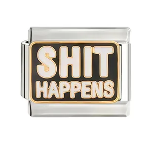 Macro view of stainless steel Italian modular charm with enamel 'Shit Happens' slogan