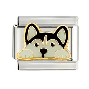 Gros plan d'un charm chien husky en acier inoxydable pour bracelets italiens DIY