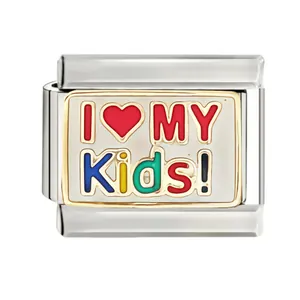 Close-up of 10mm stainless steel Italian charm link with colorful "I Love My Kids" enamel.
