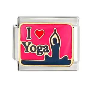 Detail of pink enamel Italian charm with 'I Love Yoga' text and silhouette
