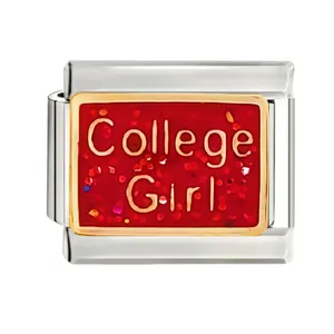 Close-up of a 10x9mm stainless steel 'College Girl' red glitter enamel modular charm link