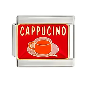 Stainless steel Italian charm link featuring red background with cappuccino motif