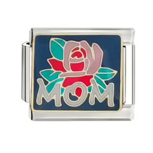 Detail macro view of MOM rose enamel stainless steel Italian link charm for DIY bracelet
