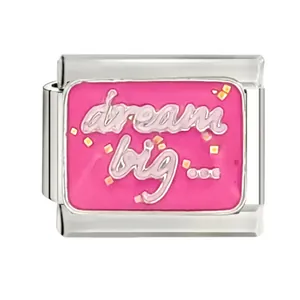 Italian modular charm in pink enamel with 3D dream big inscription for DIY bracelets