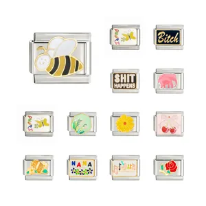 10x9mm stainless steel Italian charm bracelet link with enamel bee and flower motifs.