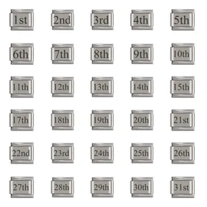 Detail view of silver stainless steel Italian charms with ordinal numbers 1st to 31st