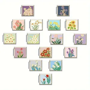 Variety of floral Italian modular charms in stainless steel for DIY personalized bracelets.