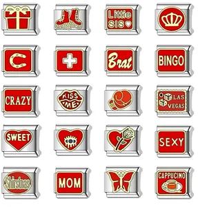 Variety of stainless steel Italian charm links with red enamel motifs