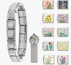 Detail view of stainless steel Italian modular bracelet with floral DIY charm links