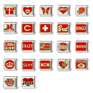Selection of red enamel Italian modular charms in stainless steel for DIY bracelets