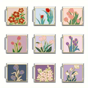 Detailed view of nine unique floral enamel Italian charm links crafted in durable stainless steel