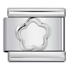 Detail view of a stainless steel Italian modular bracelet charm with flower outline design