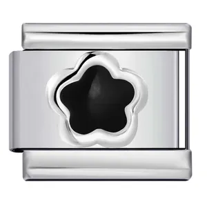 Detailed view of a polished stainless steel Italian modular charm featuring a black flower