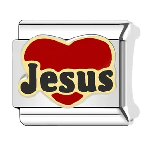 Macro view of stainless steel heart charm with Jesus text for Italian modular bracelet