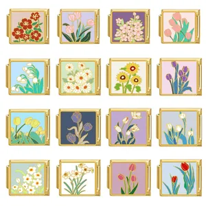 Golden Stainless Steel Italian Charm Links Enamel Floral Tulip Daisy Modular DIY Bracelet Accessories For Women Jewelry
