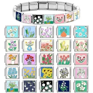 Floral Stainless Steel Italian Charm Links For DIY Bracelet Making Enamel Flower Modular Links Women Individual Jewelry Charms