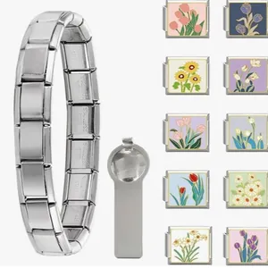 Stainless steel Italian modular charm bracelet with floral DIY links and tool