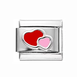 Charm modulare italiano in acciaio inossidabile con design a doppio cuore