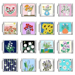 DIY floral enamel stainless steel Italian charm bracelet modules with various designs