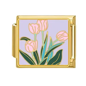 Detail of gold stainless steel Italian charm link with pink enamel tulip floral design