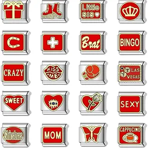 Stainless Steel Italian Charm Link For DIY Modular Bracelet Personalized Enamel Heart Crown Mom Boss Letter Jewelry Accessory