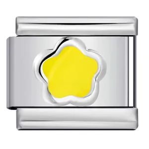 Italian modular charm link featuring a yellow enamel flower design in stainless steel
