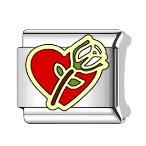 Stainless steel Italian modular charm link with heart and rose design for DIY jewelry