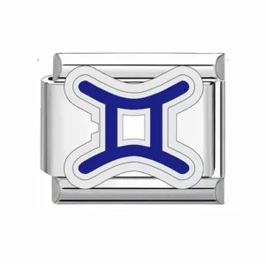 Charm per bracciale modulare italiano con simbolo zodiacale Gemelli blu in acciaio