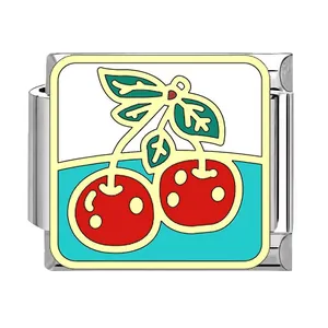 Módulo de pulsera de dijes italianos con diseño de cereza en esmalte para joyas DIY