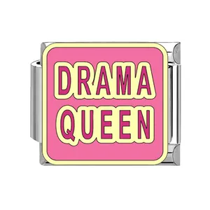 Close-up detail of a pink enamel stainless steel Italian charm link with Drama Queen text