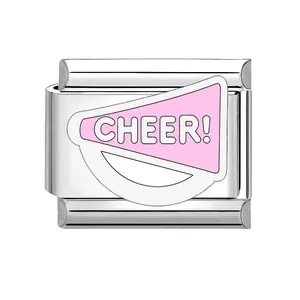 Close-up of pink cheer megaphone charm link for stainless steel Italian modular bracelet