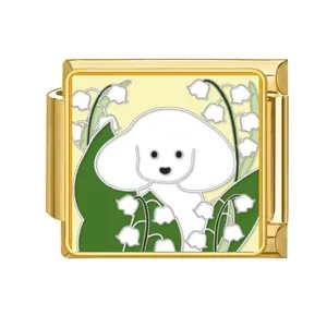 Gold-plated Italian charm link featuring white dog and lily of the valley enamel design.