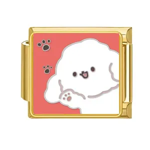 Detailed view of Italian charm link with a cute white cartoon dog on pink enamel finish.