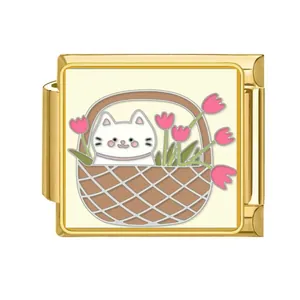 Detailed view of Italian charm link featuring a cartoon cat and tulips in a basket