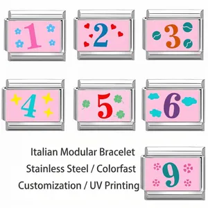 Stainless Steel Italian Charm Modular Bracelet Link DIY UV Printed Number Floral Heart Pattern Fashion Jewelry Accessory