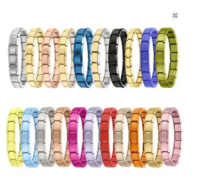 Collection of various colorful stainless steel Italian modular elastic charm link bracelets