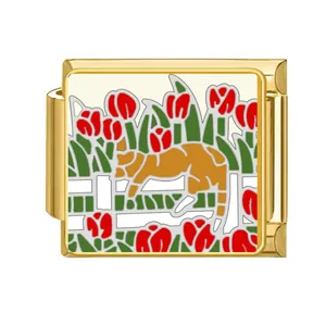 Detail view of Italian charm bracelet link with orange cat and red tulip pattern