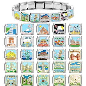 Titanium Steel Italian Charm Link Landmark Painted Enamel Modular Bracelet Accessories DIY Jewelry Making Travel Landmark Charms