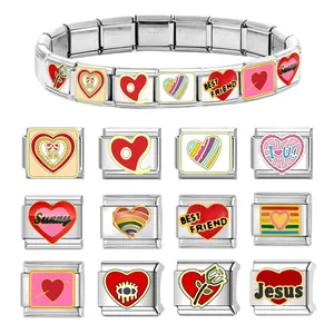 Pulsera de Eslabones Charm Modular Italiana de Acero Inoxidable Corazón Arcoíris Best Friend Joyería DIY para Regalo de Pareja Amigo